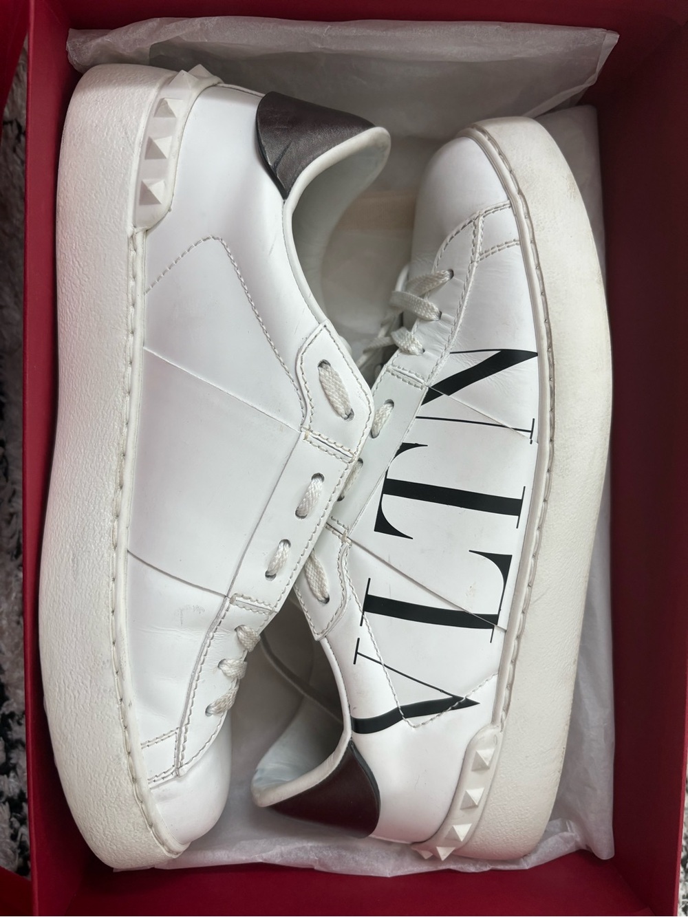 Valentino White Leather Sneakers with Black Logo and Brown Heel Tab